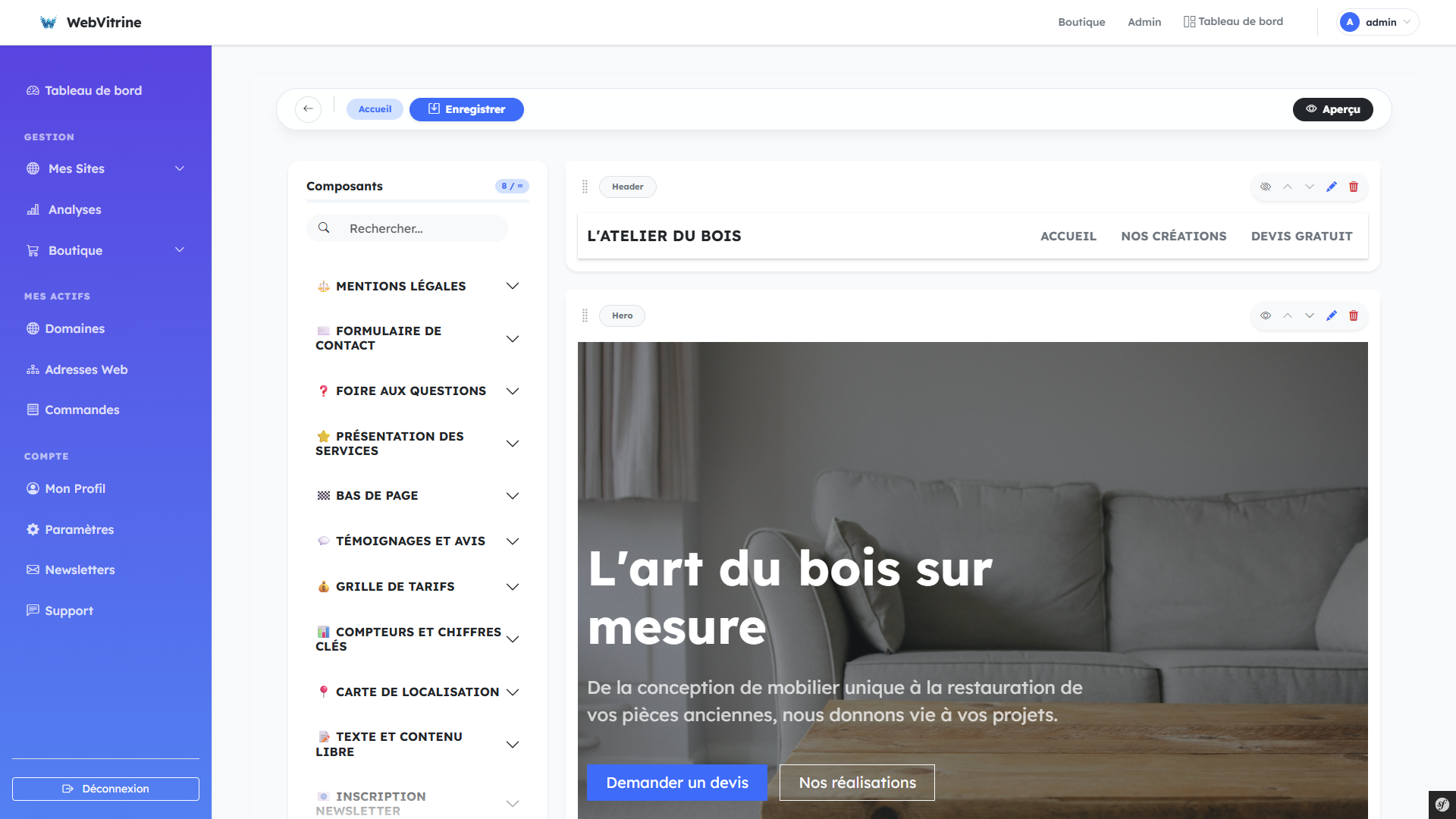 Interface de l'éditeur Web Vitrine